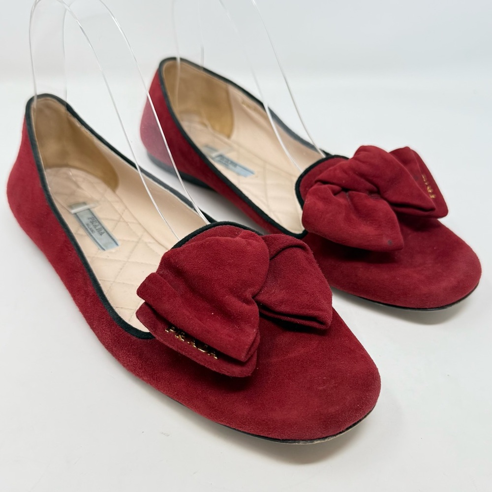 Prada Red Suede Holiday Bow Ballet Flats 39